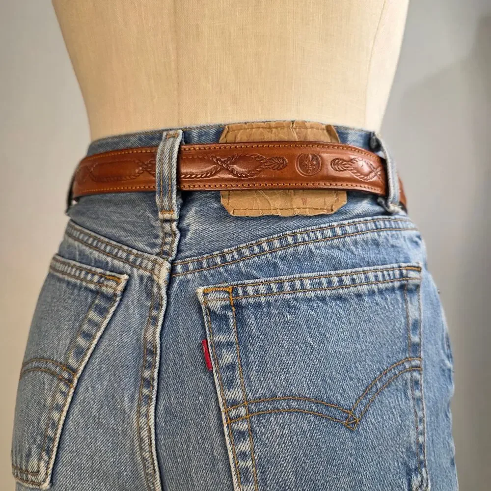 Vintage Italian Leather Belt Brown Tooled Western Boho Fleur De Lis